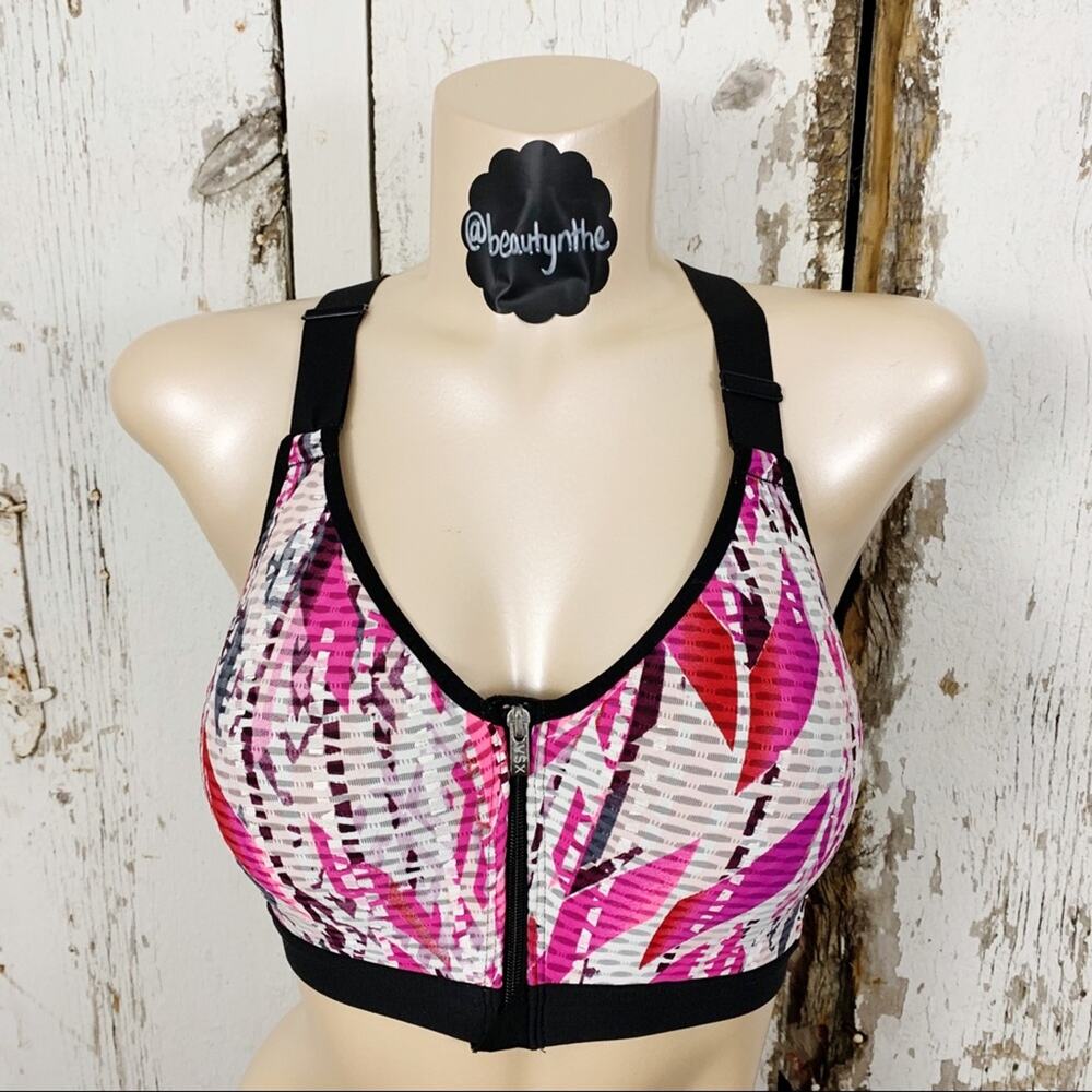 VSX pink geo pattern front zip up sports bra Victoria secret 34D PREOWNED